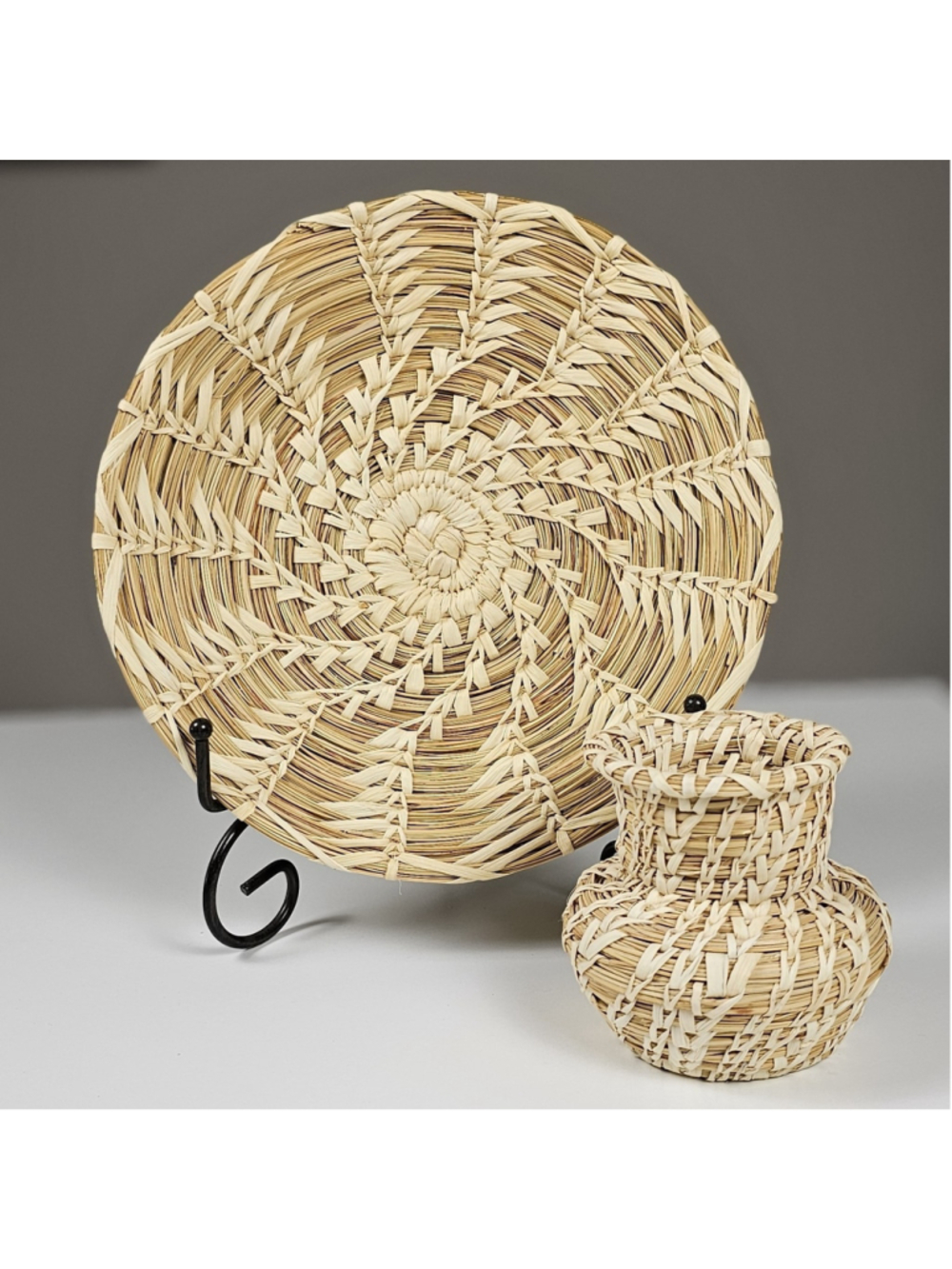 Vintage Tohono O'odham Papago Split Stitch Woven Basket Set - Tray & Vase Olla